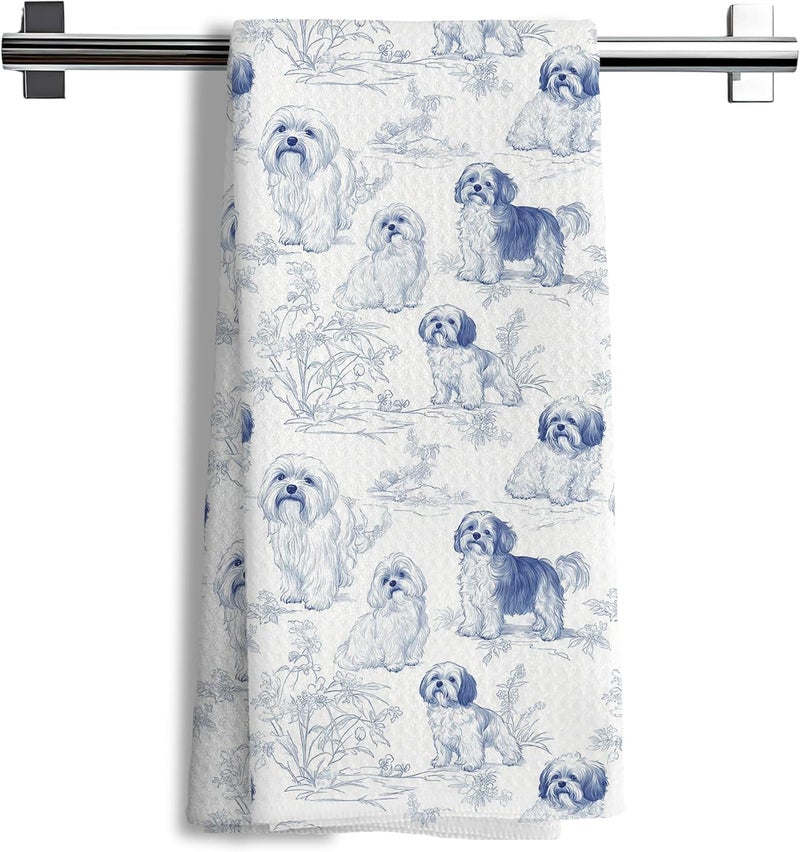 Nipil Chinoiserie Shih Tzu Decor Kitchen Towels, Blue and White Botanical Grandmillennial Dog Decorative Dish Tea Towels,Shih Tzu Gifts for Kitchen Bathroom Decor, 16x24 Inch - Image 1